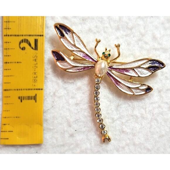 Vtg Unsigned Carucci Dragonfly Purple Enamel Faux Pearl Rhinestone Brooch 2" - Picture 3 of 6
